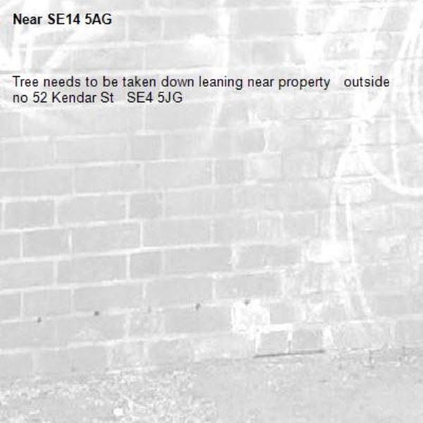 Tree needs to be taken down leaning near property   outside no 52 Kendar St   SE4 5JG-SE14 5AG