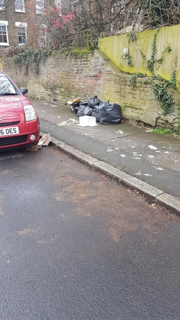 Black bags dumped on Musgrove Road - Jerningham Road end. More rubbish now added along with paint splattered over harden wall and pavement.-Musgrove Road, London
