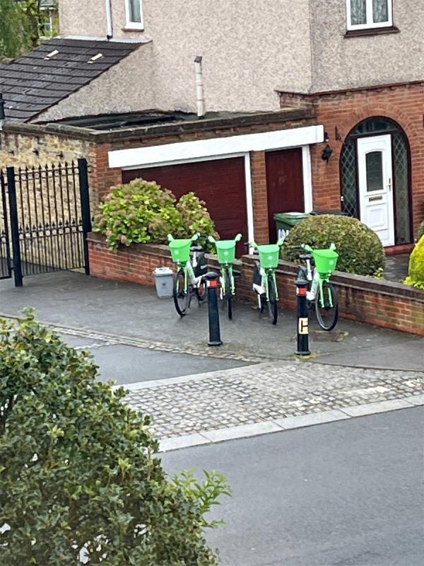 There are four lime bikes abandoned on this road, I have already reported to company and they have not been removed -95 Guibal Road, London, SE12 9HF