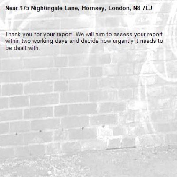 Thank you for your report. We will aim to assess your report within two working days and decide how urgently it needs to be dealt with.-175 Nightingale Lane, Hornsey, London, N8 7LJ
