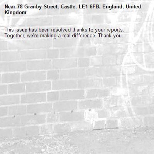 This issue has been resolved thanks to your reports.
Together, we’re making a real difference. Thank you.
-78 Granby Street, Castle, LE1 6FB, England, United Kingdom