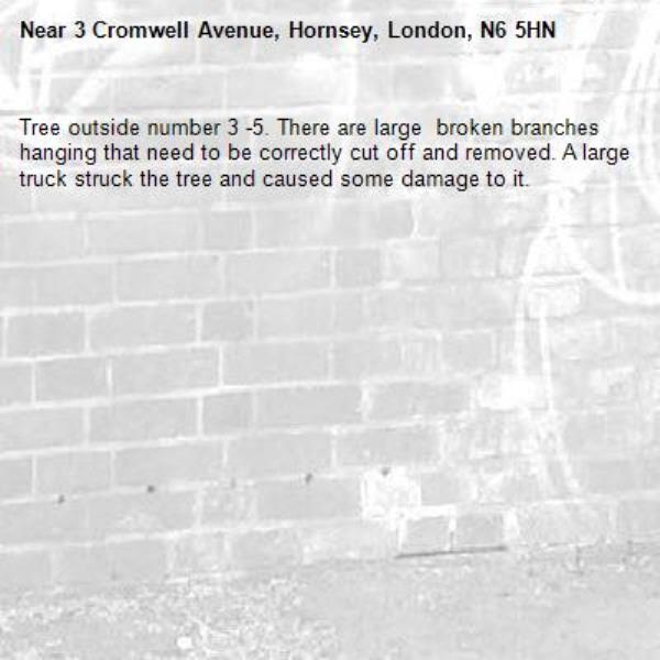 Tree outside number 3 -5. There are large  broken branches hanging that need to be correctly cut off and removed. A large truck struck the tree and caused some damage to it. -3 Cromwell Avenue, Hornsey, London, N6 5HN