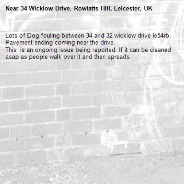 Lots of Dog fouling between 34 and 32 wicklow drive le54rb. Pavement ending coming near the drive.
This  is an ongoing issue being reported. If it can be cleaned asap as people walk over it and then spreads.-34 Wicklow Drive, Rowlatts Hill, Leicester, UK