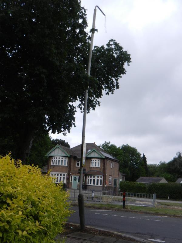 LP 70 on Glenfield road has been like this smashed, no light, wires hanging out of the top for nearly a whole year now, still has not been replaced, seems like an awful long time to replace a street light column. Picture from my original report used.-214 Glenfield Road, Leicester, LE3 6DG