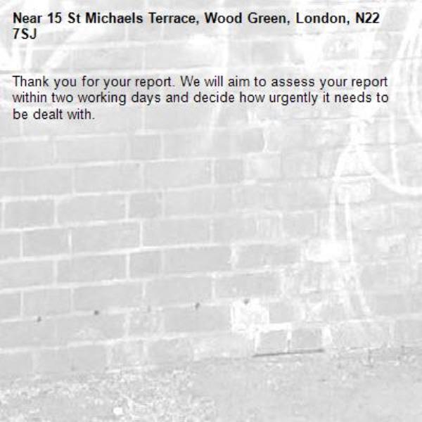 Thank you for your report. We will aim to assess your report within two working days and decide how urgently it needs to be dealt with.-15 St Michaels Terrace, Wood Green, London, N22 7SJ