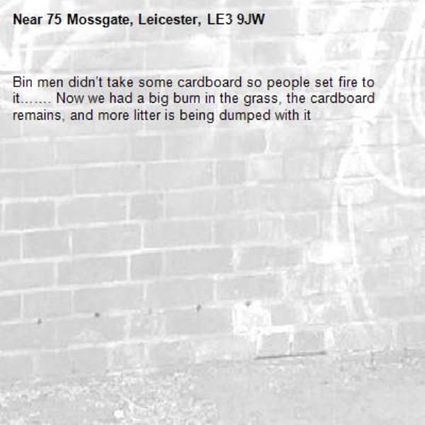 Bin men didn’t take some cardboard so people set fire to it……. Now we had a big burn in the grass, the cardboard remains, and more litter is being dumped with it -75 Mossgate, Leicester, LE3 9JW