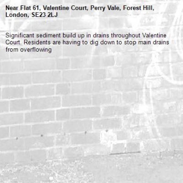 Significant sediment build up in drains throughout Valentine Court. Residents are having to dig down to stop main drains from overflowing-Flat 61, Valentine Court, Perry Vale, Forest Hill, London, SE23 2LJ