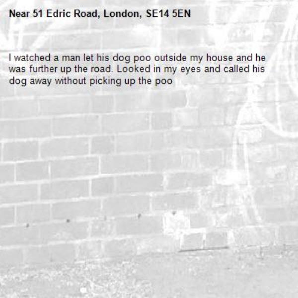 I watched a man let his dog poo outside my house and he was further up the road. Looked in my eyes and called his dog away without picking up the poo-51 Edric Road, London, SE14 5EN