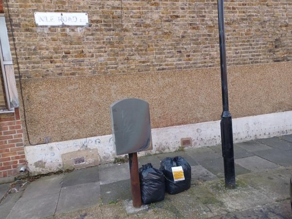 Bags of garden waste fly tipped at junction of 7 Credon Road and Nile Road, E13. -7 Credon Road, Upton Park, London, E13 9BH