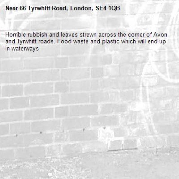 Horrible rubbish and leaves strewn across the corner of Avon and Tyrwhitt roads. Food waste and plastic which will end up in waterways -66 Tyrwhitt Road, London, SE4 1QB