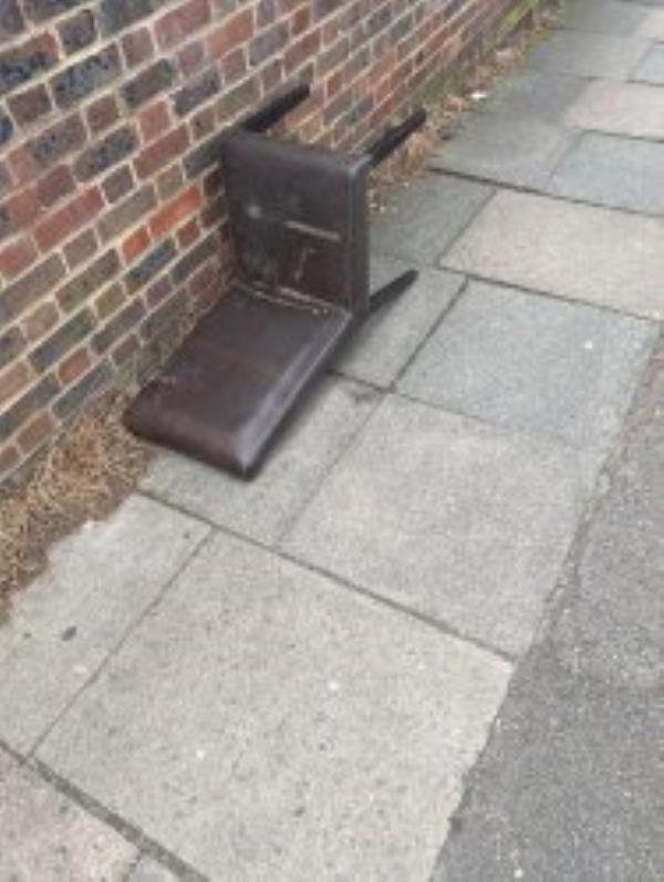 Junction of Harefiew Mews.
Please clear a chair.
Reported via Fix My Street-2 Cranfield Road, Honor Oak Park, SE4 1UG