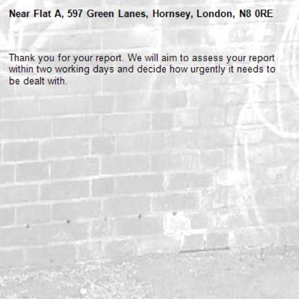 Thank you for your report. We will aim to assess your report within two working days and decide how urgently it needs to be dealt with.-Flat A, 597 Green Lanes, Hornsey, London, N8 0RE