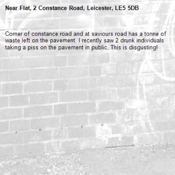 Corner of constance road and at saviours road has a tonne of waste left on the pavement. I recently saw 2 drunk individuals taking a piss on the pavement in public. This is disgusting!-Flat, 2 Constance Road, Leicester, LE5 5DB