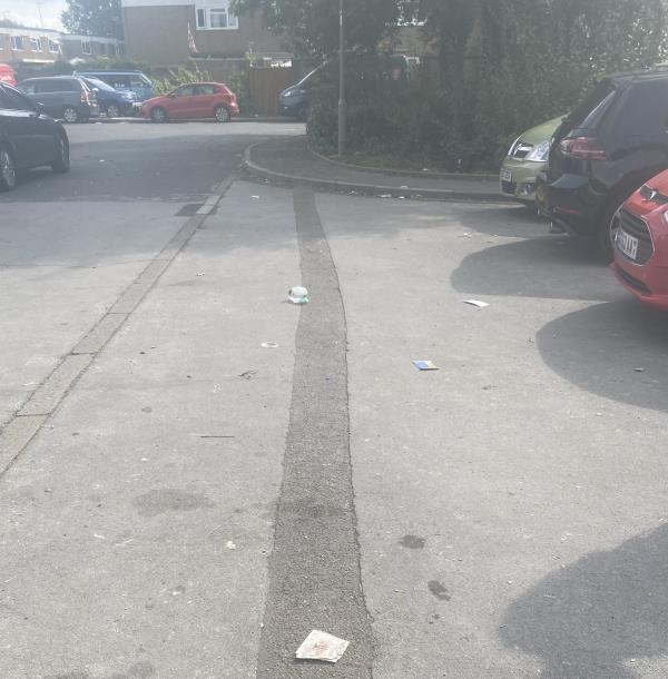 revious report job number:3083434<br/>Report states closed as obviously cleared of rubbish by street cleaners. Either your street cleaners are bad sighted or they are saying they have cleared to you but not actually completed the job  Car park area. More photos to follow-61 Caswell close 