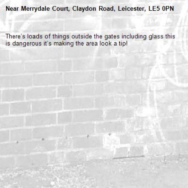 There’s loads of things outside the gates including glass this is dangerous it’s making the area look a tip! -Merrydale Court, Claydon Road, Leicester, LE5 0PN