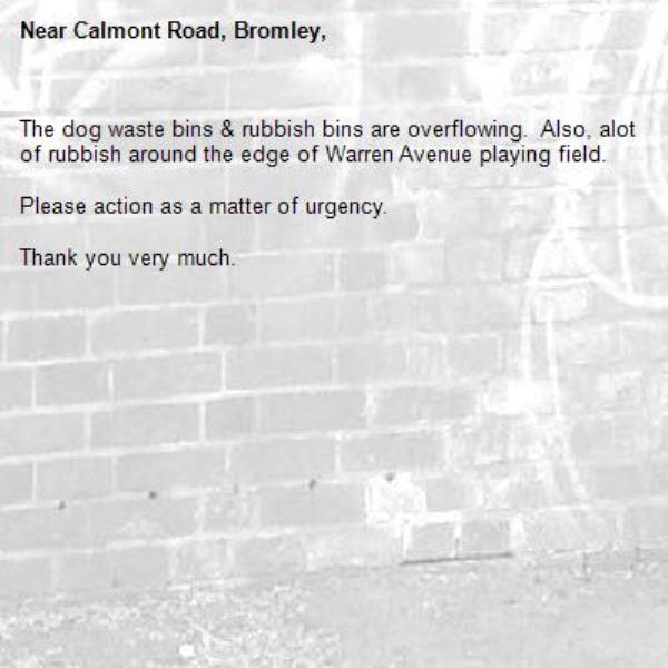 The dog waste bins & rubbish bins are overflowing.  Also, alot of rubbish around the edge of Warren Avenue playing field.

Please action as a matter of urgency.

Thank you very much.-Calmont Road, Bromley, 