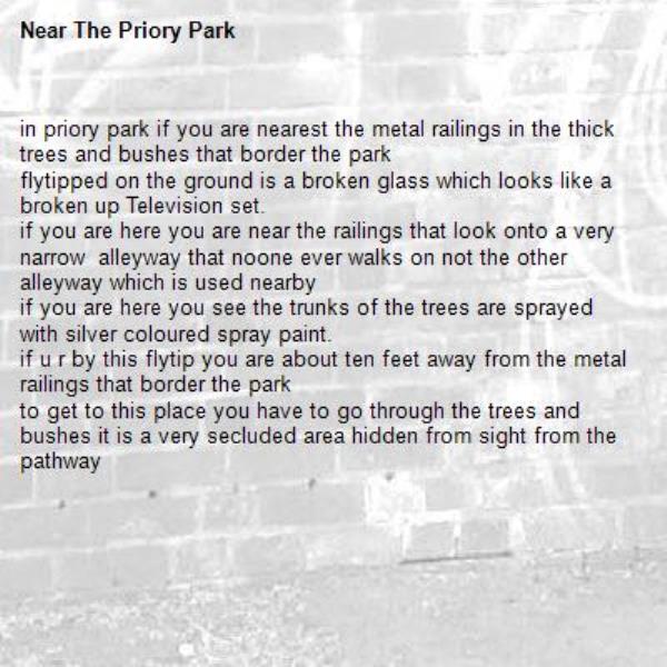 in priory park if you are nearest the metal railings in the thick trees and bushes that border the park
flytipped on the ground is a broken glass which looks like a broken up Television set.
if you are here you are near the railings that look onto a very narrow  alleyway that noone ever walks on not the other alleyway which is used nearby
if you are here you see the trunks of the trees are sprayed with silver coloured spray paint.
if u r by this flytip you are about ten feet away from the metal railings that border the park
to get to this place you have to go through the trees and bushes it is a very secluded area hidden from sight from the pathway-The Priory Park