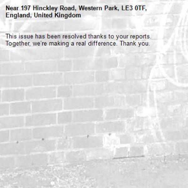 This issue has been resolved thanks to your reports.
Together, we’re making a real difference. Thank you.
-197 Hinckley Road, Western Park, LE3 0TF, England, United Kingdom