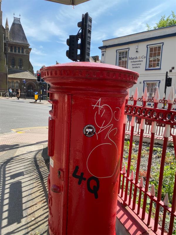 Graffiti on red Postbox-69 King Street, Leicester, LE1 6RP