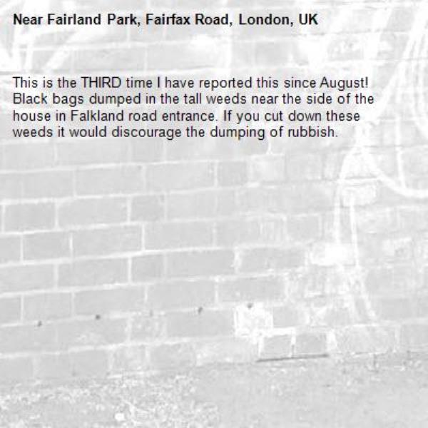 This is the THIRD time I have reported this since August! Black bags dumped in the tall weeds near the side of the house in Falkland road entrance. If you cut down these weeds it would discourage the dumping of rubbish.-Fairland Park, Fairfax Road, London, UK