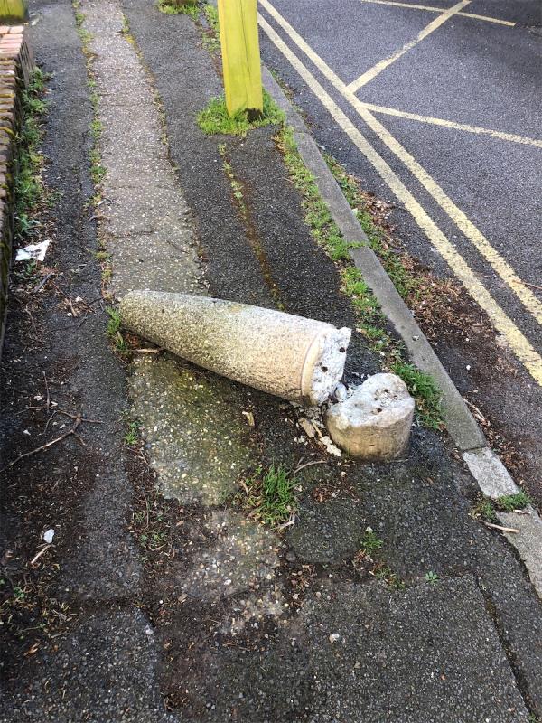 By side of Homefield House. Please replace damaged concrete bollard on service road to block-1 Honeyfield Mews, London, SE23 2NH