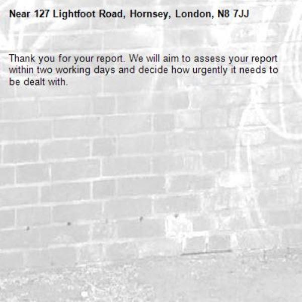 Thank you for your report. We will aim to assess your report within two working days and decide how urgently it needs to be dealt with.-127 Lightfoot Road, Hornsey, London, N8 7JJ