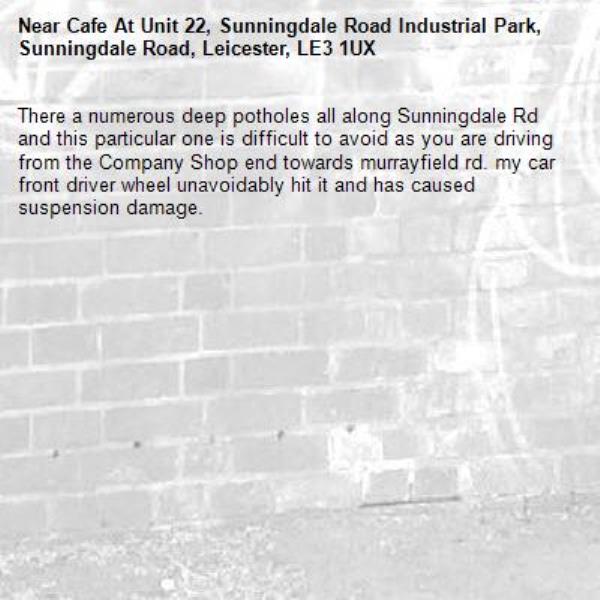 There a numerous deep potholes all along Sunningdale Rd and this particular one is difficult to avoid as you are driving from the Company Shop end towards murrayfield rd. my car front driver wheel unavoidably hit it and has caused suspension damage.-Cafe At Unit 22, Sunningdale Road Industrial Park, Sunningdale Road, Leicester, LE3 1UX