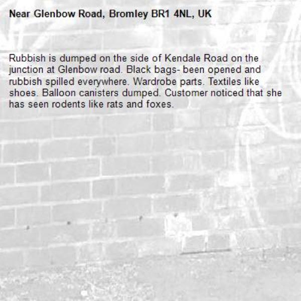 Rubbish is dumped on the side of Kendale Road on the junction at Glenbow road. Black bags- been opened and rubbish spilled everywhere. Wardrobe parts. Textiles like shoes. Balloon canisters dumped. Customer noticed that she has seen rodents like rats and foxes.-Glenbow Road, Bromley BR1 4NL, UK
