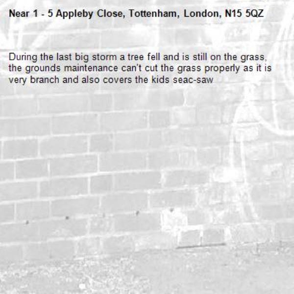 During the last big storm a tree fell and is still on the grass, the grounds maintenance can't cut the grass properly as it is very branch and also covers the kids seac-saw -1 - 5 Appleby Close, Tottenham, London, N15 5QZ