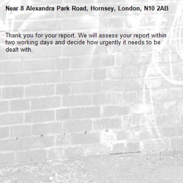 Thank you for your report. We will assess your report within two working days and decide how urgently it needs to be dealt with.-8 Alexandra Park Road, Hornsey, London, N10 2AB