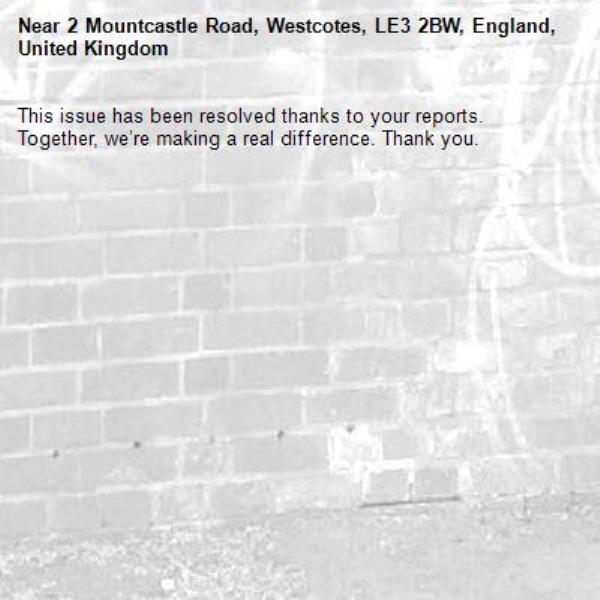 This issue has been resolved thanks to your reports.
Together, we’re making a real difference. Thank you.
-2 Mountcastle Road, Westcotes, LE3 2BW, England, United Kingdom