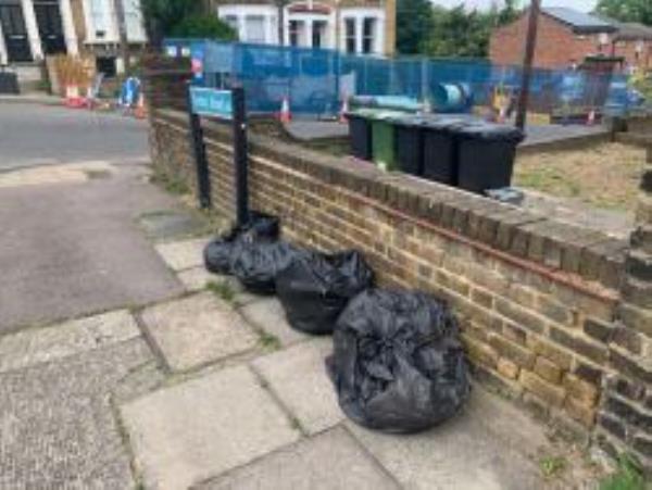 Bags of garden waste left on pavement
-1a Sprules Road, Brockley, SE4 2NL