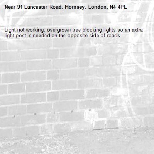 Light not working, overgrown tree blocking lights so an extra light post is needed on the opposite side of roads -91 Lancaster Road, Hornsey, London, N4 4PL