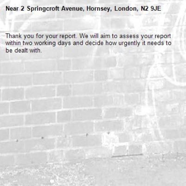 Thank you for your report. We will aim to assess your report within two working days and decide how urgently it needs to be dealt with.-2 Springcroft Avenue, Hornsey, London, N2 9JE