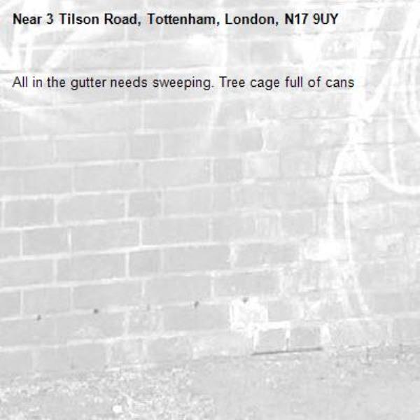 All in the gutter needs sweeping. Tree cage full of cans-3 Tilson Road, Tottenham, London, N17 9UY