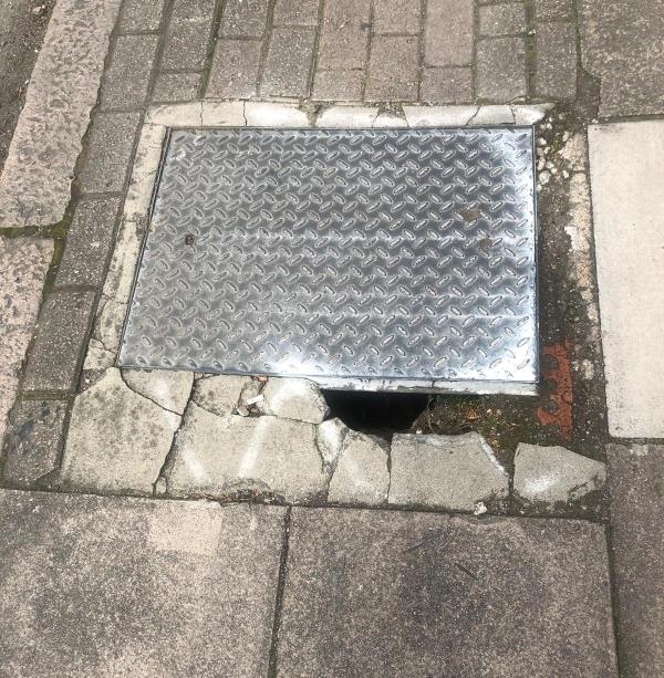 Manhole cover on the pavement on Fosse road south, just past the Upperton Road Junction and Rudkin and Herbert Ltd.
The cement around the cover is eroding away which has exposed a large gap between the pavement and cover and has become a trip hazard.-37A, Upperton Road, Leicester, LE3 0BH