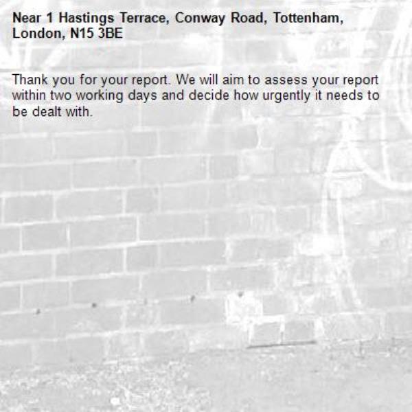 Thank you for your report. We will aim to assess your report within two working days and decide how urgently it needs to be dealt with.-1 Hastings Terrace, Conway Road, Tottenham, London, N15 3BE