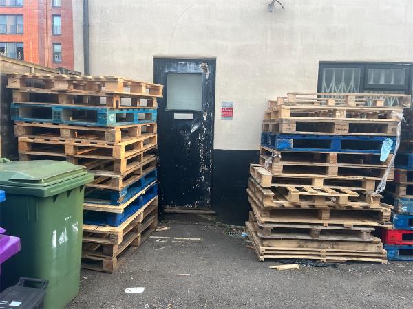 Multiple stacks of pallets outside the back of the shops door which makes it very difficult for me to park my car. Spoke to waste management at rushmoor who advised me to report this as fly tipping as it’s blocking access to my drive and on double yellow lines -2 Artillery Road, Aldershot, GU11 1TF