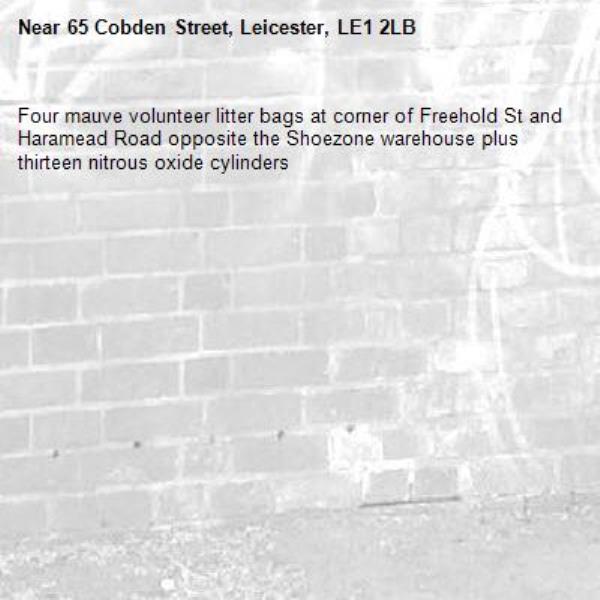 Four mauve volunteer litter bags at corner of Freehold St and Haramead Road opposite the Shoezone warehouse plus thirteen nitrous oxide cylinders -65 Cobden Street, Leicester, LE1 2LB