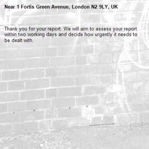 Thank you for your report. We will aim to assess your report within two working days and decide how urgently it needs to be dealt with.-1 Fortis Green Avenue, London N2 9LY, UK