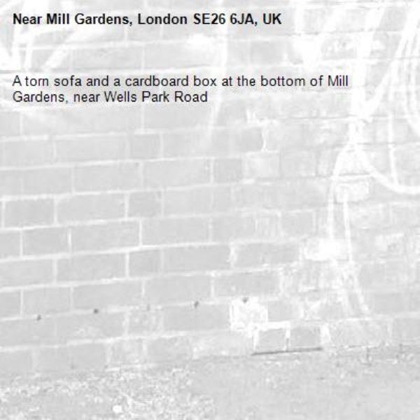 A torn sofa and a cardboard box at the bottom of Mill Gardens, near Wells Park Road-Mill Gardens, London SE26 6JA, UK