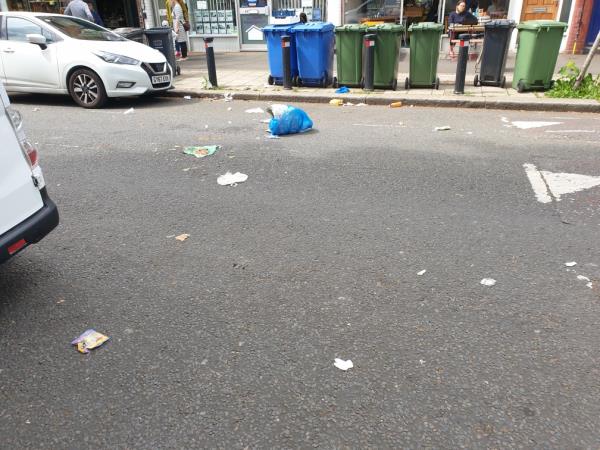 Council waste saks strewn all over the road and pavement. Waste all down the street-69 Springbank Road, London, SE13 6SS
