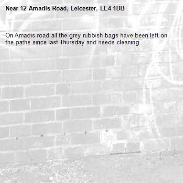 On Amadis road all the grey rubbish bags have been left on the paths since last Thursday and needs cleaning -12 Amadis Road, Leicester, LE4 1DB