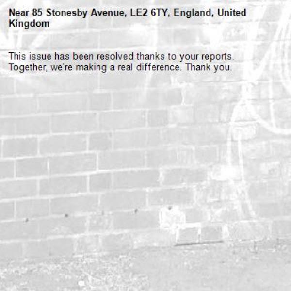 This issue has been resolved thanks to your reports.
Together, we’re making a real difference. Thank you.
-85 Stonesby Avenue, LE2 6TY, England, United Kingdom