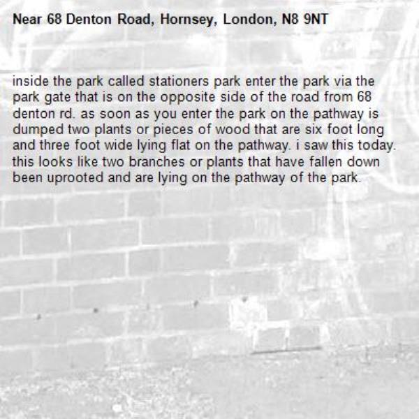 inside the park called stationers park enter the park via the park gate that is on the opposite side of the road from 68 denton rd. as soon as you enter the park on the pathway is dumped two plants or pieces of wood that are six foot long and three foot wide lying flat on the pathway. i saw this today. this looks like two branches or plants that have fallen down been uprooted and are lying on the pathway of the park.-68 Denton Road, Hornsey, London, N8 9NT