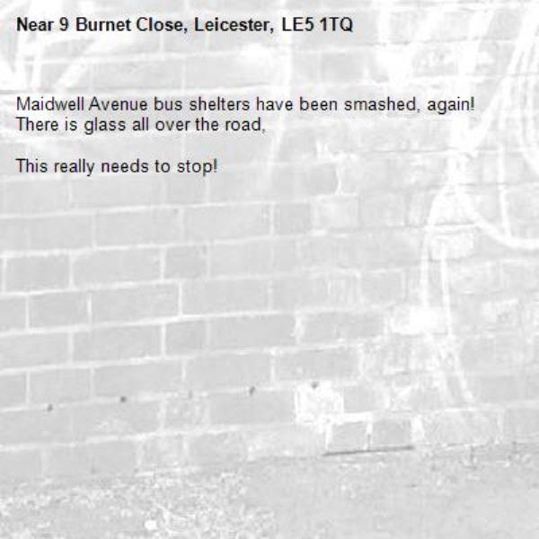 Maidwell Avenue bus shelters have been smashed, again! There is glass all over the road, 

This really needs to stop!-9 Burnet Close, Leicester, LE5 1TQ