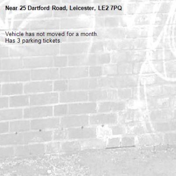 Vehicle has not moved for a month.
Has 3 parking tickets.-25 Dartford Road, Leicester, LE2 7PQ