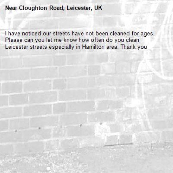I have noticed our streets have not been cleaned for ages.
Please can you let me know how often do you clean Leicester streets especially in Hamilton area. Thank you -Cloughton Road, Leicester, UK