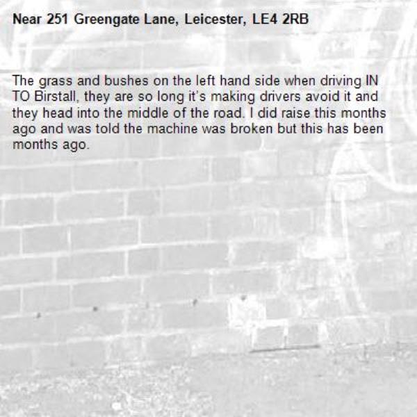 The grass and bushes on the left hand side when driving IN TO Birstall, they are so long it’s making drivers avoid it and they head into the middle of the road. I did raise this months ago and was told the machine was broken but this has been months ago. -251 Greengate Lane, Leicester, LE4 2RB