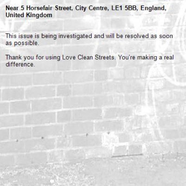 This issue is being investigated and will be resolved as soon as possible.
	
Thank you for using Love Clean Streets. You’re making a real difference.
-5 Horsefair Street, City Centre, LE1 5BB, England, United Kingdom